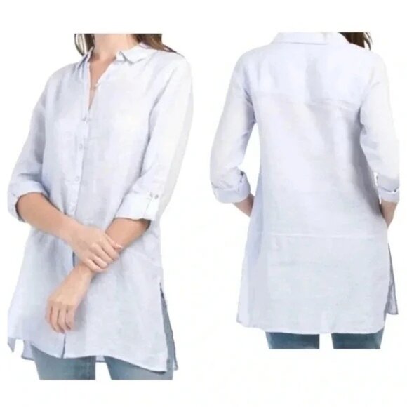 Tahari Women's White Linen Roll Tab Sleeve Collared Button-Front Top Sz L 2261 - Picture 2 of 12